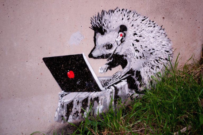 Graffiti estonien représentant un hérisson travaillant sur ordinateur.